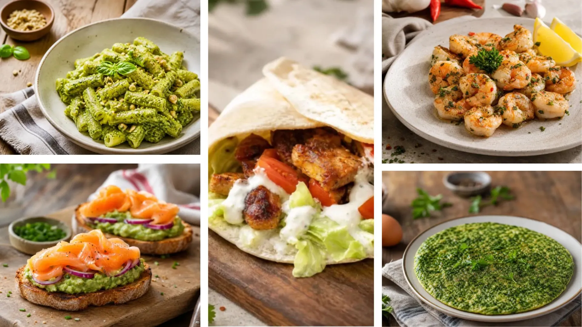 5 ricette fit per il pranzo: pasta ai broccoli, piadina con tempeh e tzatziki, gamberi saltati, toast con salmone e avocado, frittata di spinaci