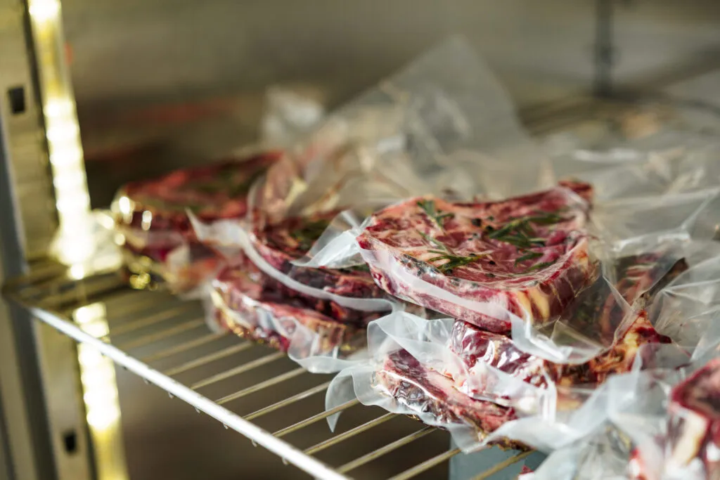 Carne confezionata sottovuoto per cottura sous-vide, tecnica moderna che preserva sapore e consistenza.