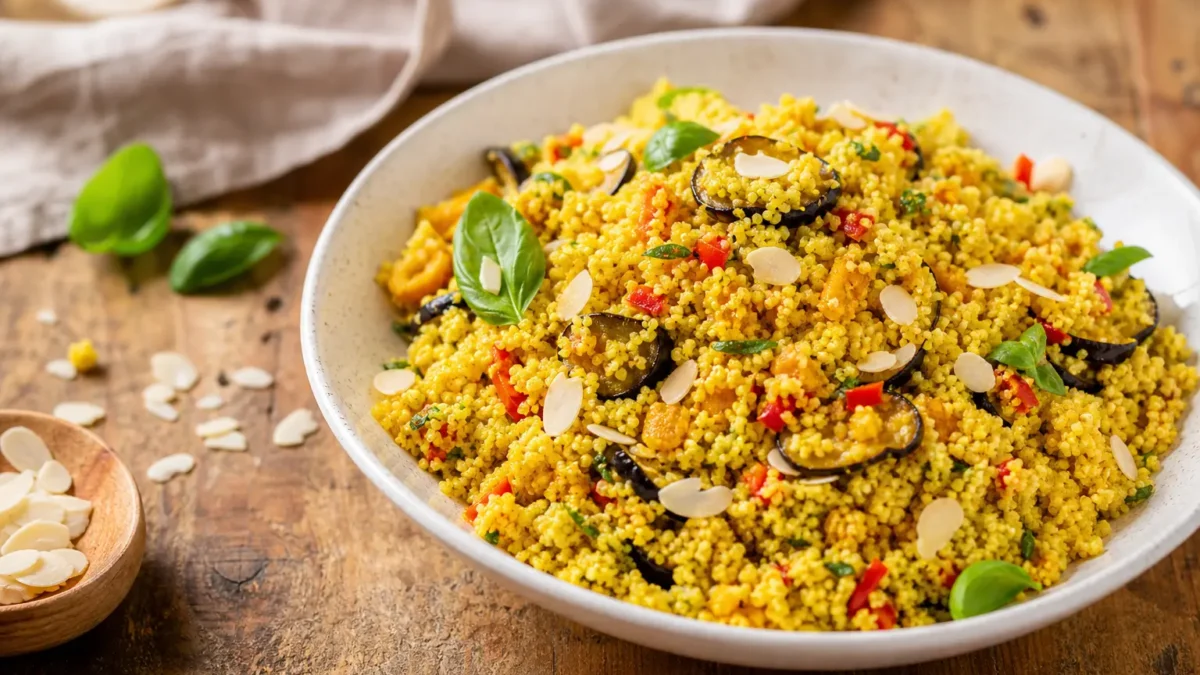 Couscous alle verdure fit con curcuma, basilico e mandorle in ciotola