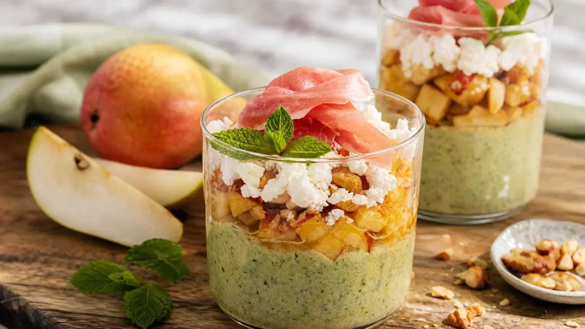 Bicchieri di crema al basilico con pesche, fiocchi di latte, nocciole e prosciutto crudo