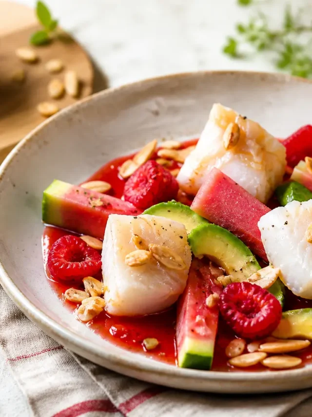 Baccalà al vapore con avocado, anguria, lamponi e mandorle