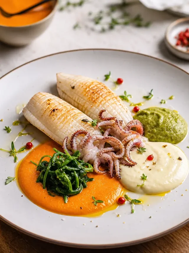 Calamari in padella con tre salse di verdure e spinaci