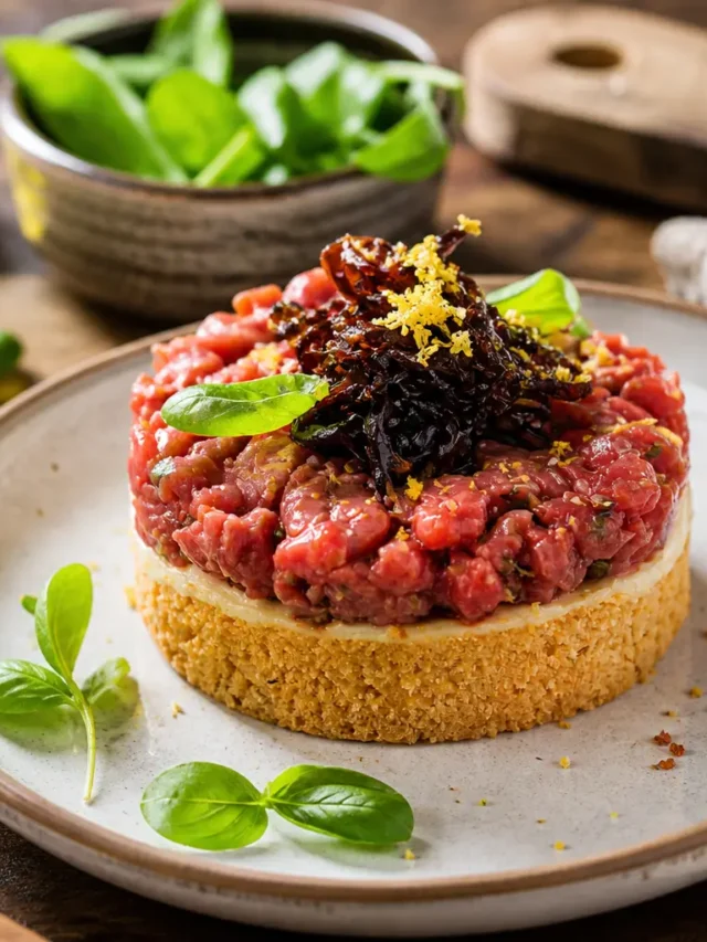 Cheesecake salata fit con tartare di scottona, robiola e cipolle caramellate