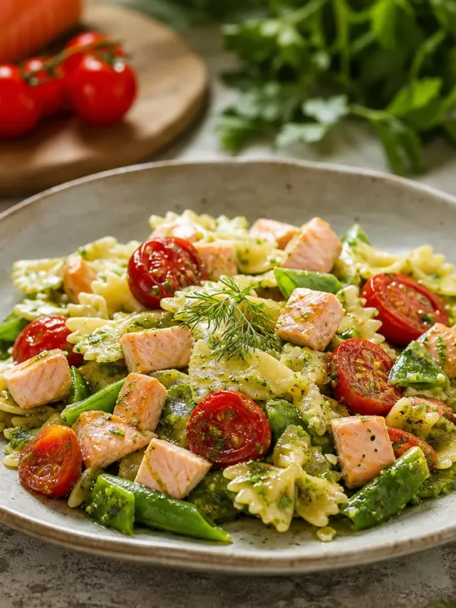 Farfalle al salmone con taccole, pomodorini confit e pesto di rucola