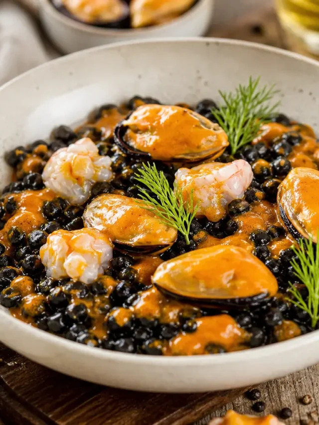 Fregula nera con cozze, gamberi e salsa arancione al pomodoro