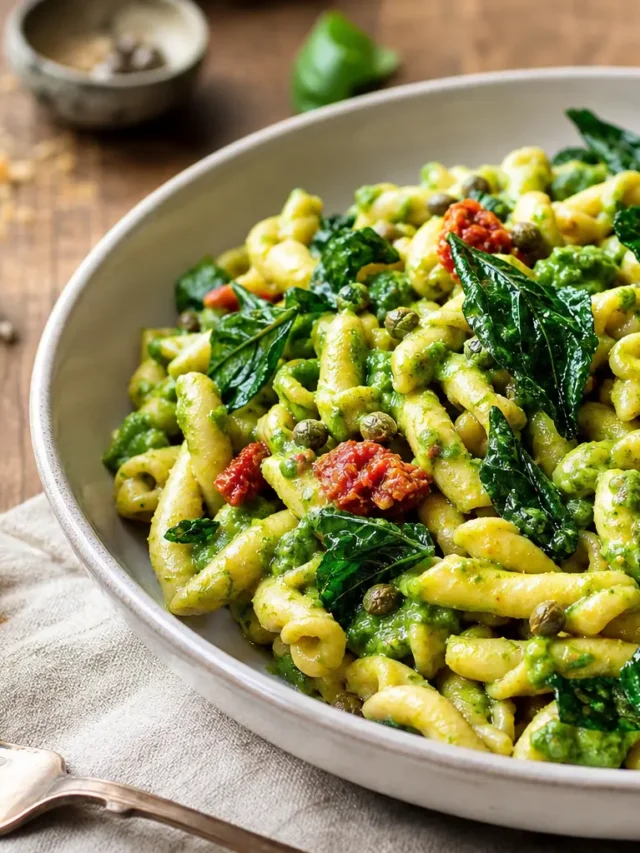 Fusilli integrali con crema verde di scarola, pomodori secchi e capperi