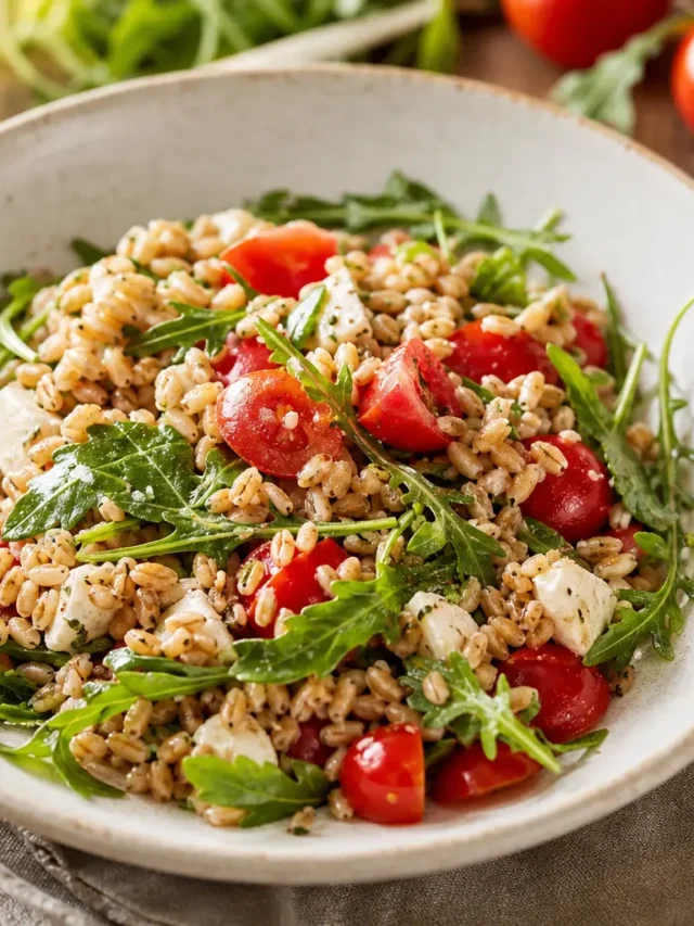 Insalata di farro e orzo con rucola, pomodorini e mozzarella light