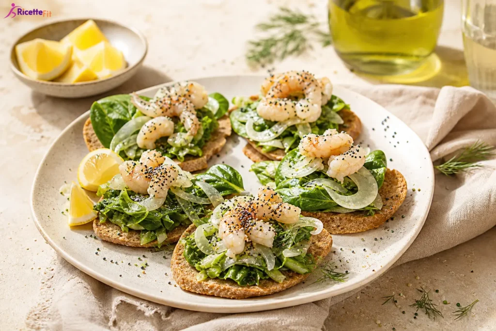 Crostini con gamberi marinati, zucchine, spinacino e cipolla