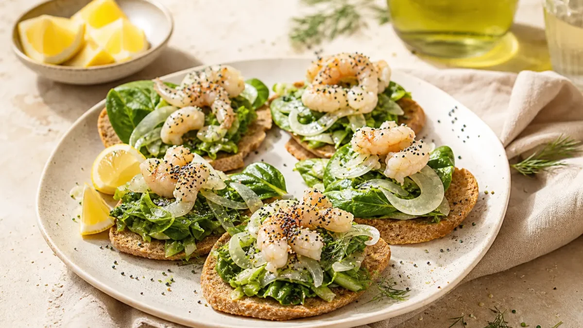 Crostini con gamberi marinati, zucchine, spinacino e cipolla
