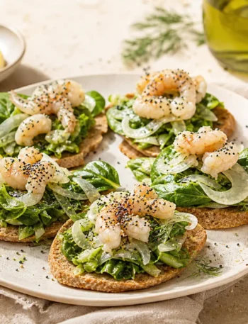 Crostini con gamberi marinati, zucchine, spinacino e cipolla