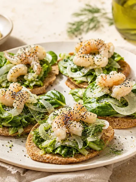 Crostini con gamberi marinati, zucchine, spinacino e cipolla