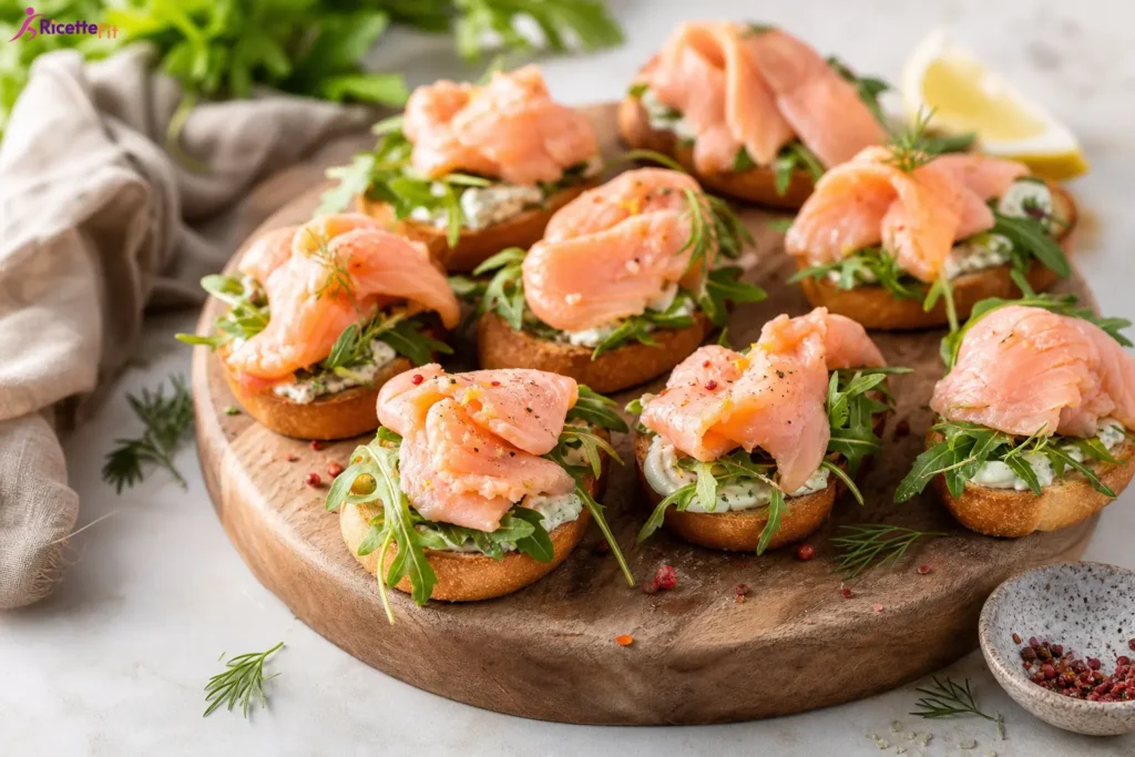 Crostini fit con salmone marinato, crema allo yogurt e rucola