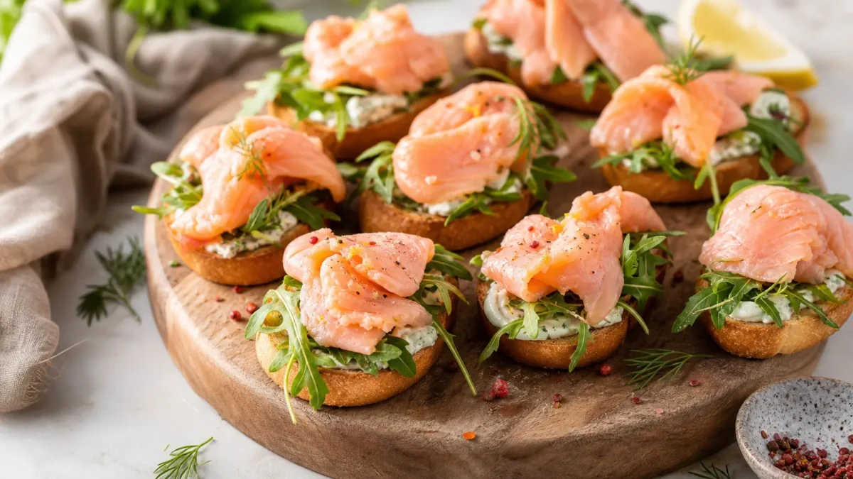 Crostini fit con salmone marinato, crema allo yogurt e rucola