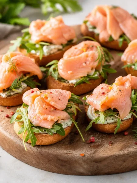 Crostini fit con salmone marinato, crema allo yogurt e rucola