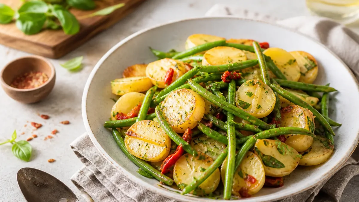 Fagiolini al peperoncino con patate novelle dorate ed erbe aromatiche