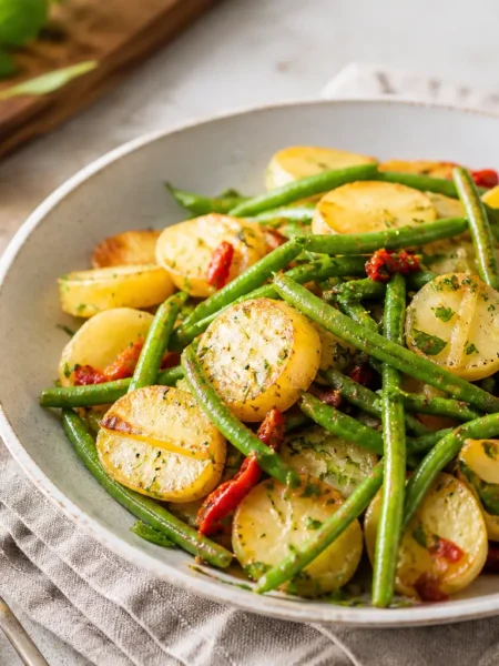Fagiolini al peperoncino con patate novelle dorate ed erbe aromatiche