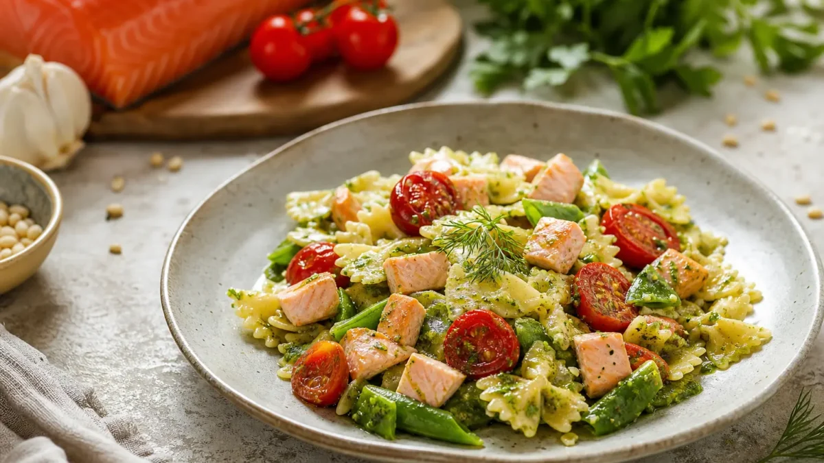 Farfalle al salmone con taccole, pomodorini confit e pesto di rucola