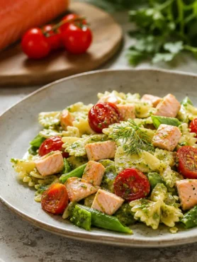 Farfalle al salmone con taccole, pomodorini confit e pesto di rucola