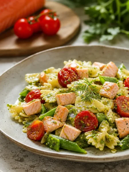 Farfalle al salmone con taccole, pomodorini confit e pesto di rucola