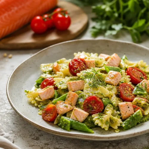 Farfalle al salmone, taccole e pomodorini confit con pesto di rucola