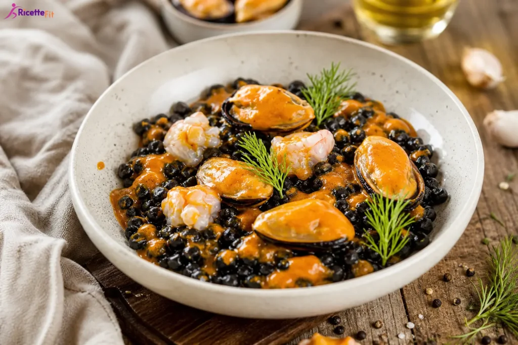 Fregula nera con cozze, gamberi e salsa arancione al pomodoro