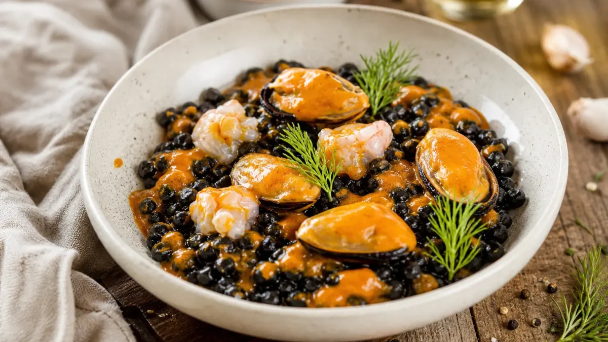 Fregula nera con cozze, gamberi e salsa arancione al pomodoro