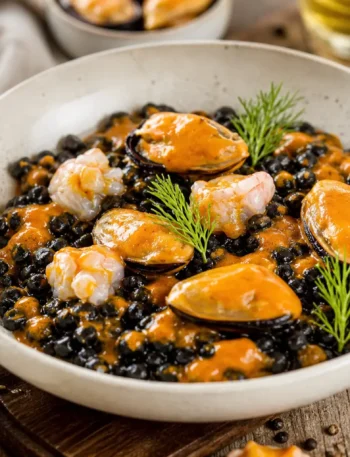 Fregula nera con cozze, gamberi e salsa arancione al pomodoro
