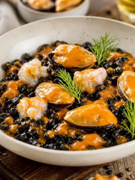 Fregula nera con cozze, gamberi e salsa arancione al pomodoro