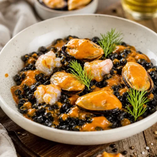 Fregula nera e frutti di mare