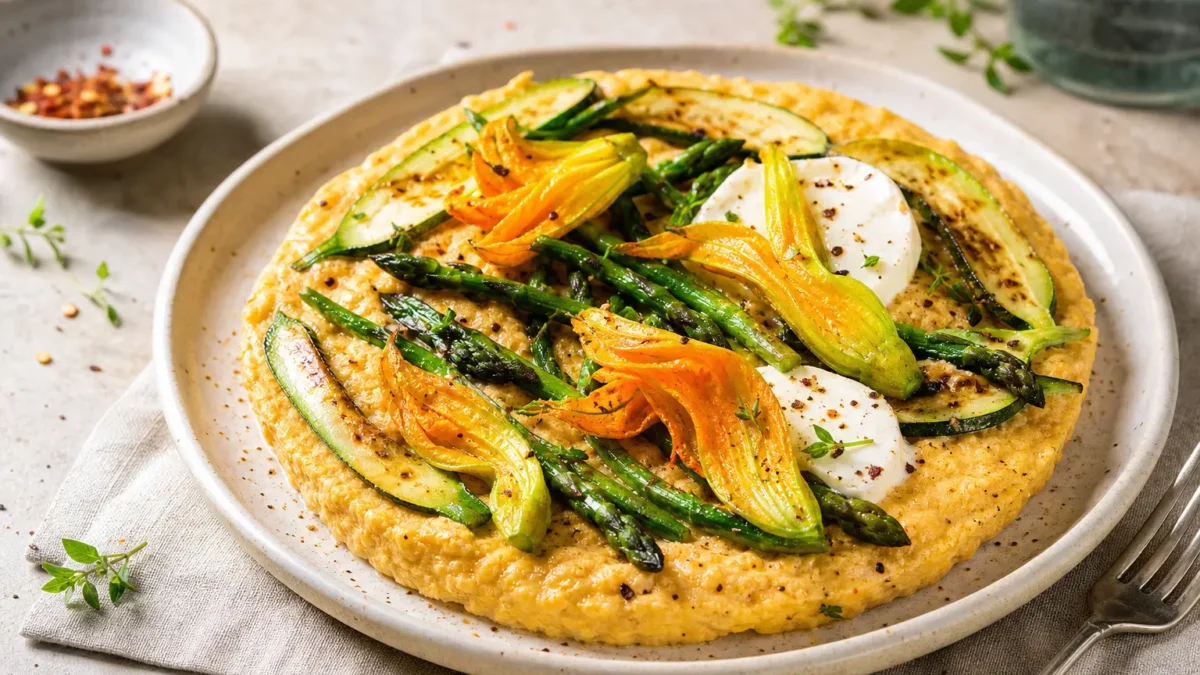 Frittata soffiata con asparagi, zucchine, fiori di zucca e formaggio di capra