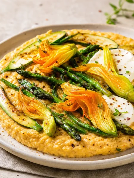 Frittata soffiata con asparagi, zucchine, fiori di zucca e formaggio di capra