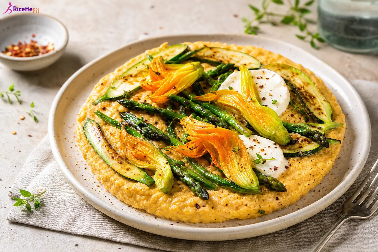 Frittata soffiata con asparagi, zucchine, fiori di zucca e formaggio di capra
