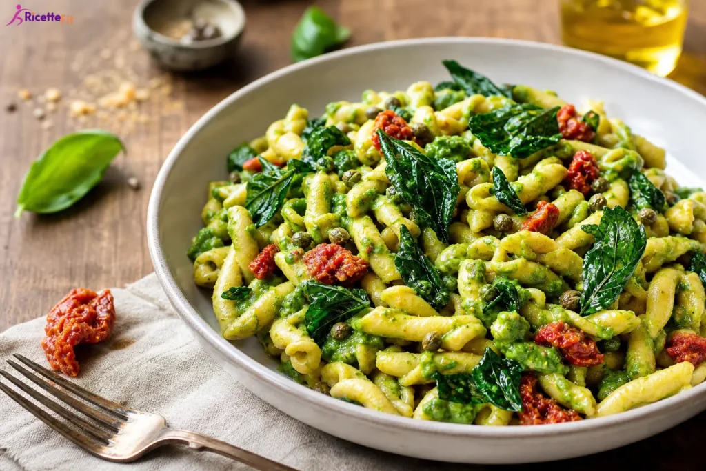 Fusilli integrali con crema verde di scarola, pomodori secchi e capperi