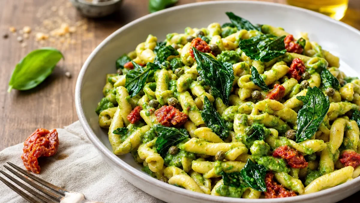Fusilli integrali con crema verde di scarola, pomodori secchi e capperi