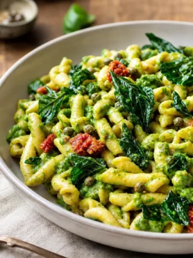 Fusilli integrali con crema verde di scarola, pomodori secchi e capperi