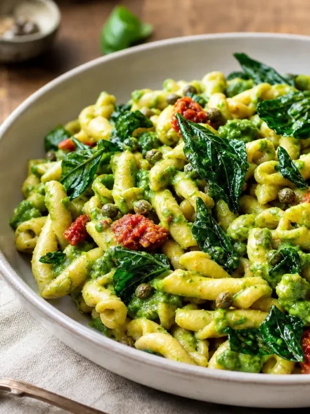 Fusilli integrali con crema verde di scarola, pomodori secchi e capperi