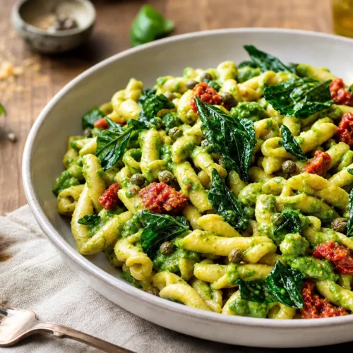 Fusilli con crema di scarola e acciughe, ’nduja e burrata