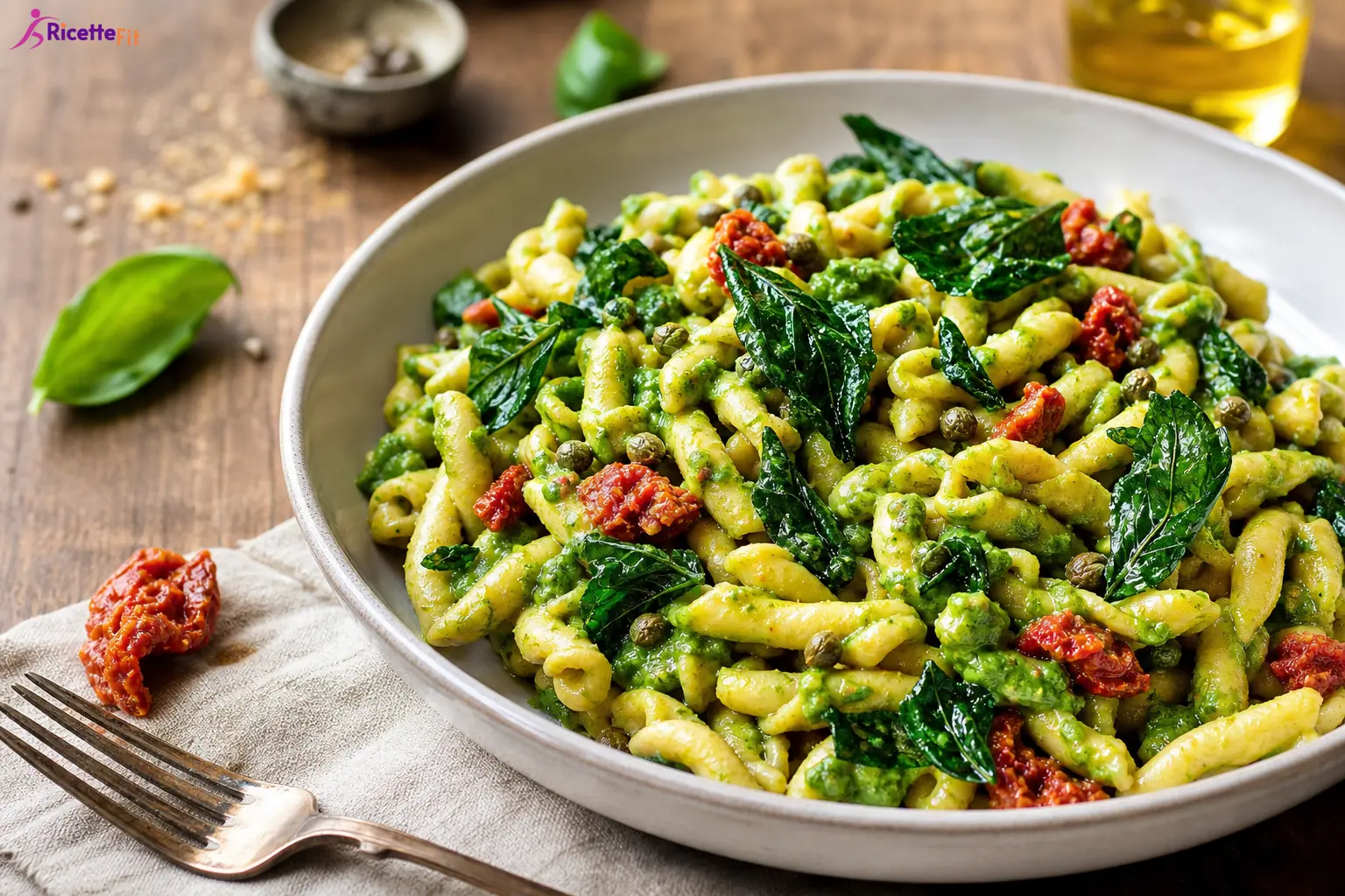 Fusilli integrali con crema verde di scarola, pomodori secchi e capperi