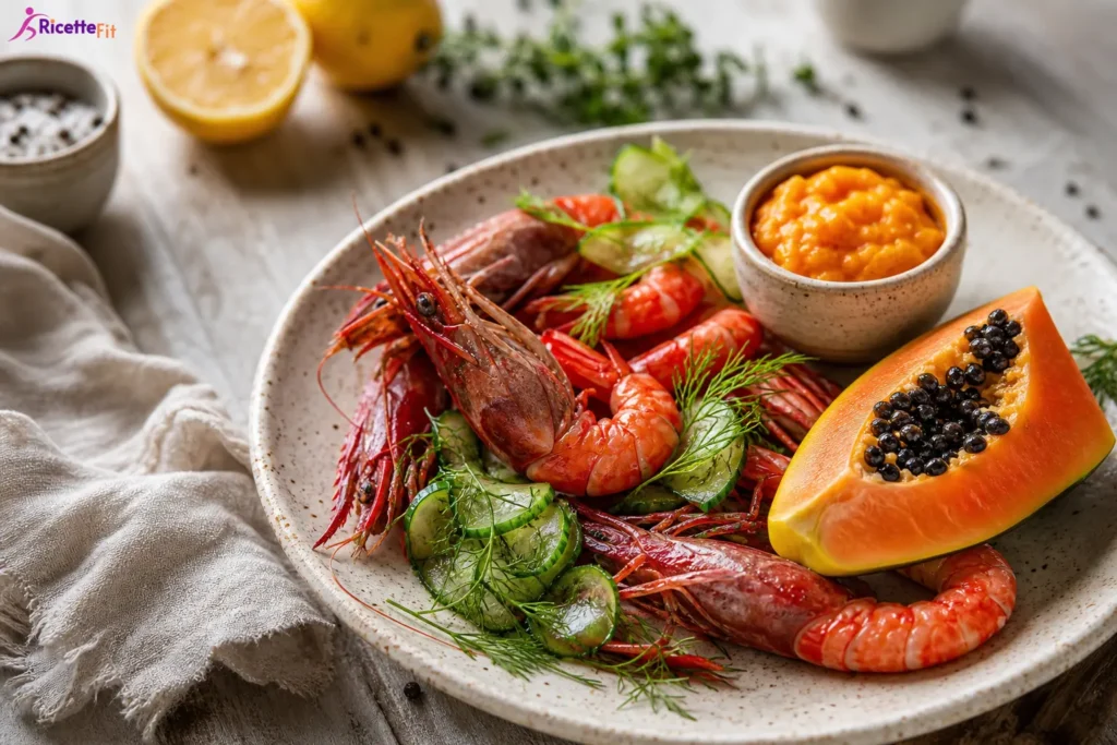 Gamberi rossi crudi con salsa tropicale, papaya e cetriolo
