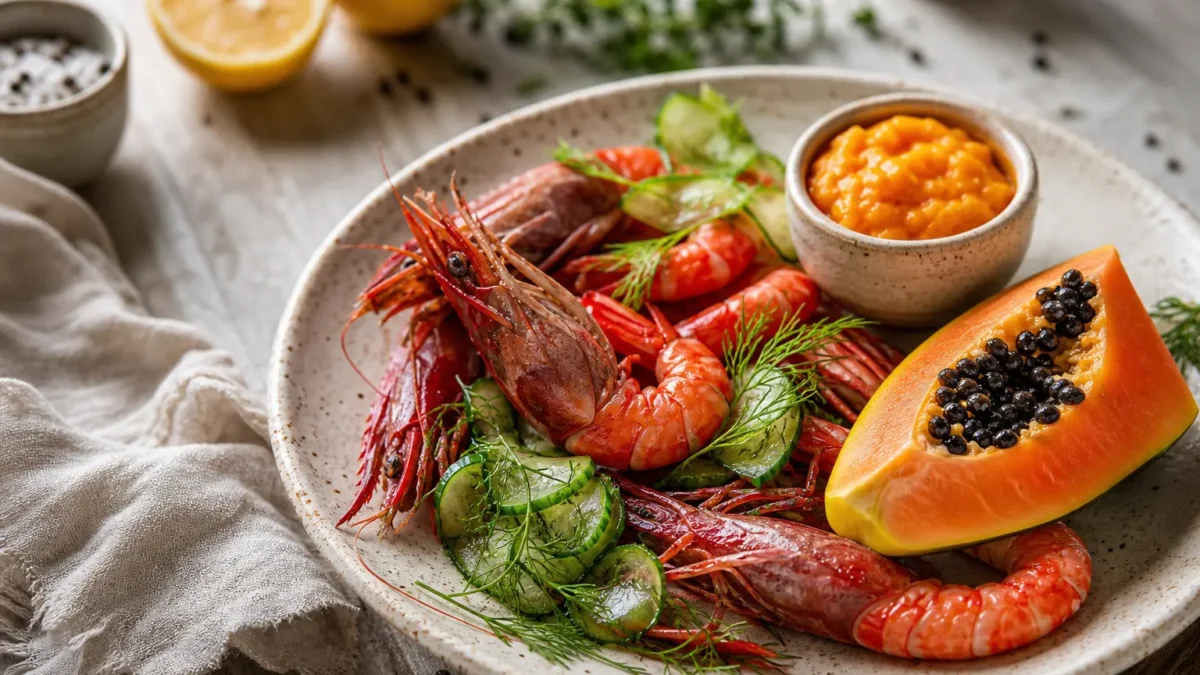 Gamberi rossi crudi con salsa tropicale, papaya e cetriolo