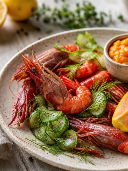 Gamberi rossi crudi con salsa tropicale, papaya e cetriolo