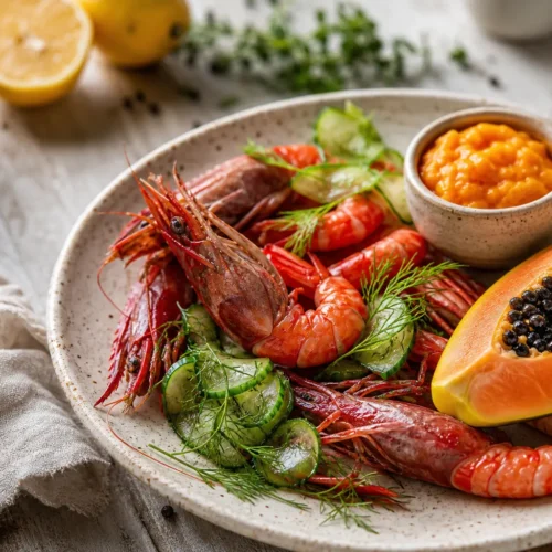 Gamberi crudi con salsa tropicale