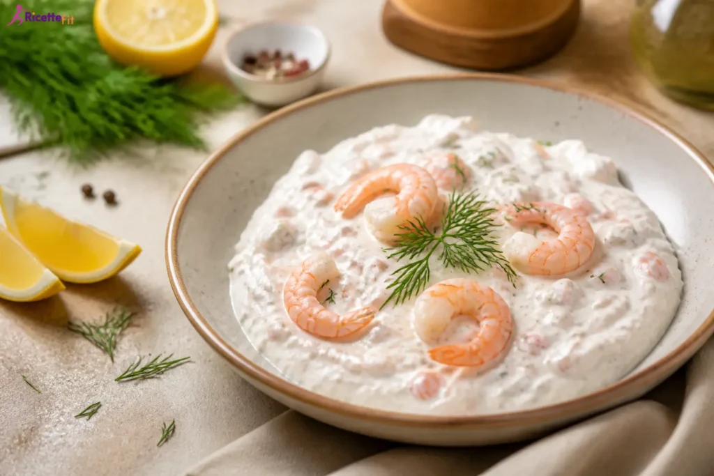 Gamberi allo yogurt greco con lime, cetriolo e aneto