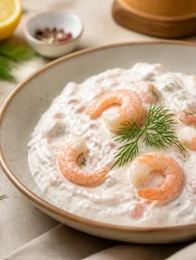 Gamberi allo yogurt greco con lime, cetriolo e aneto
