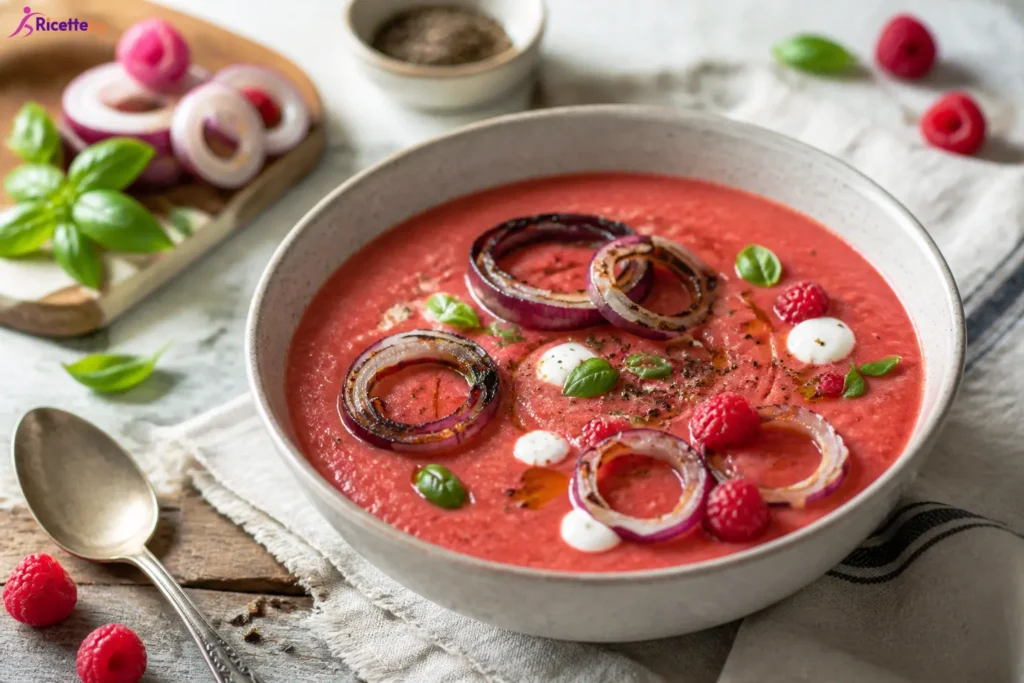 Gazpacho estivo con lamponi, basilico e cipolla rossa grigliata