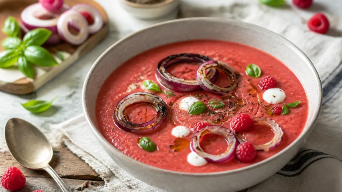 Gazpacho estivo con lamponi, basilico e cipolla rossa grigliata