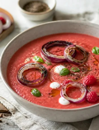 Gazpacho estivo con lamponi, basilico e cipolla rossa grigliata