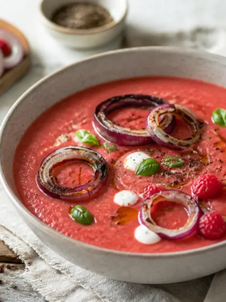 Gazpacho estivo con lamponi, basilico e cipolla rossa grigliata