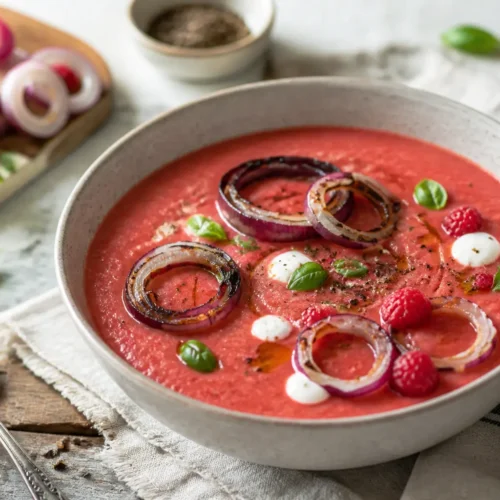Gazpacho di frutta e verdura estiva con lamponi, basilico e cipolla rossa grigliata