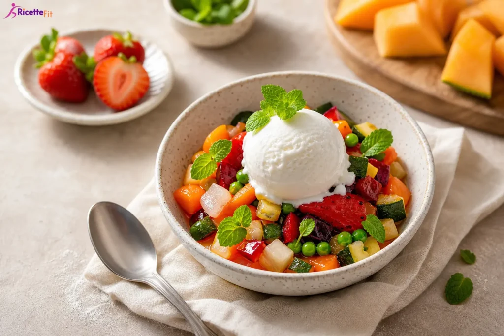 Gelato di ricotta con macedonia di frutta e verdura colorata